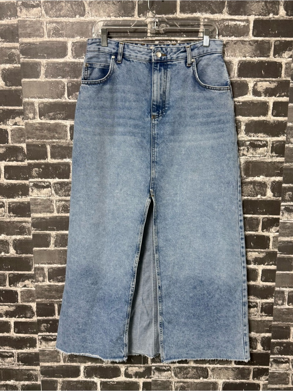 Pilcro Anthropologie high rise Jean denim midi skirt front slit raw hem